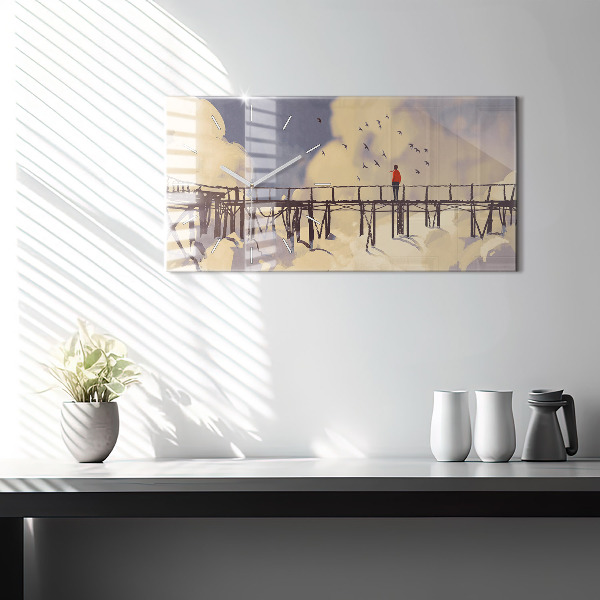 Glass wall clock rectangular Man on the old bridge