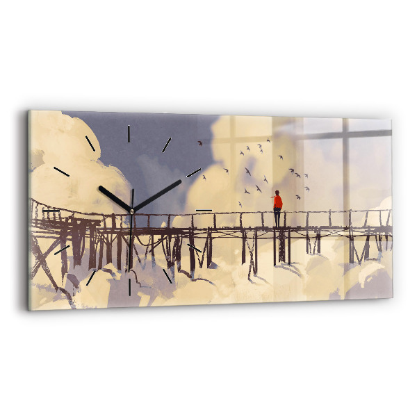Glass wall clock rectangular Man on the old bridge