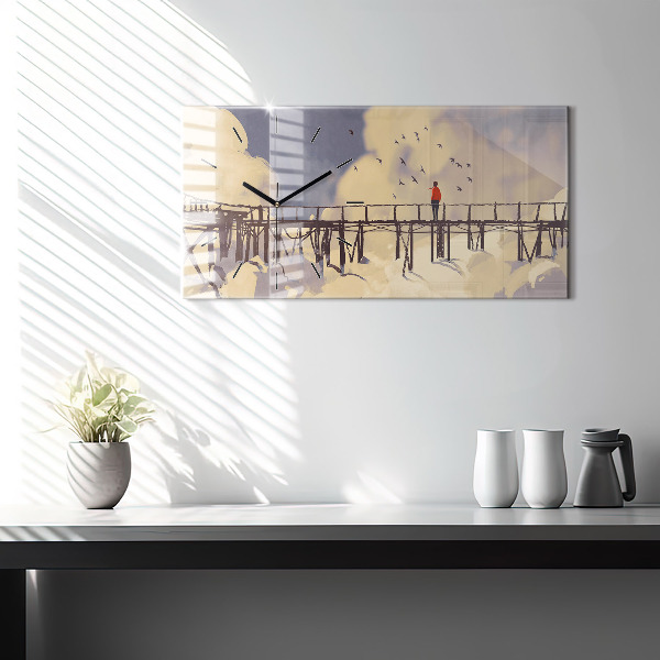 Glass wall clock rectangular Man on the old bridge