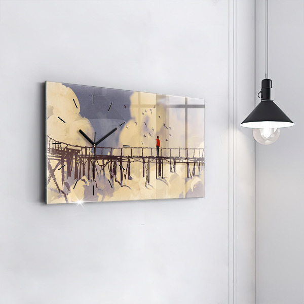 Glass wall clock rectangular Man on the old bridge