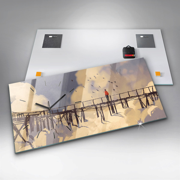 Glass wall clock rectangular Man on the old bridge