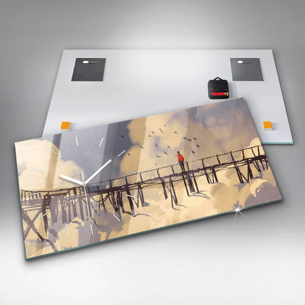 Glass wall clock rectangular Man on the old bridge