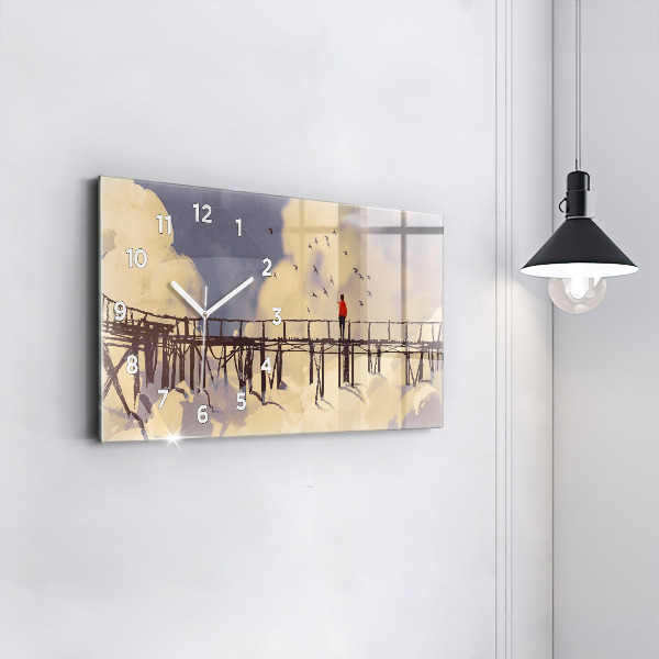 Glass wall clock rectangular Man on the old bridge