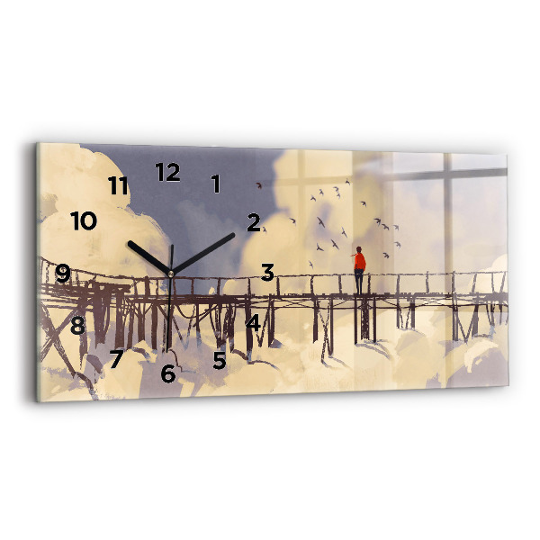 Glass wall clock rectangular Man on the old bridge