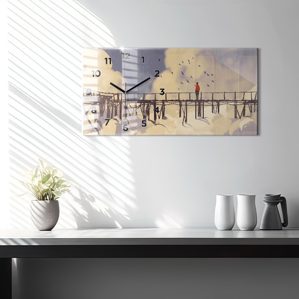 Glass wall clock rectangular Man on the old bridge