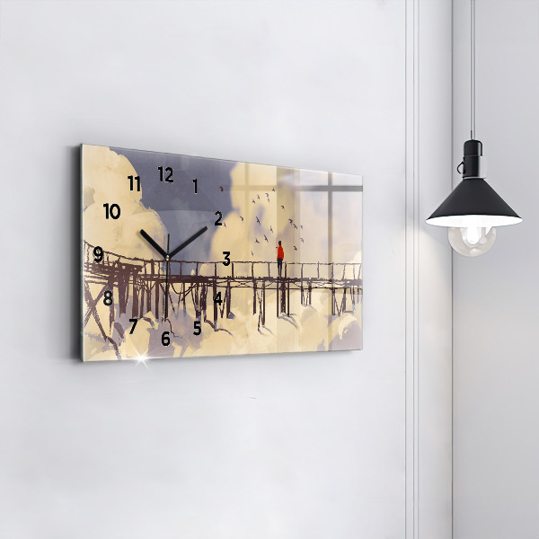 Glass wall clock rectangular Man on the old bridge