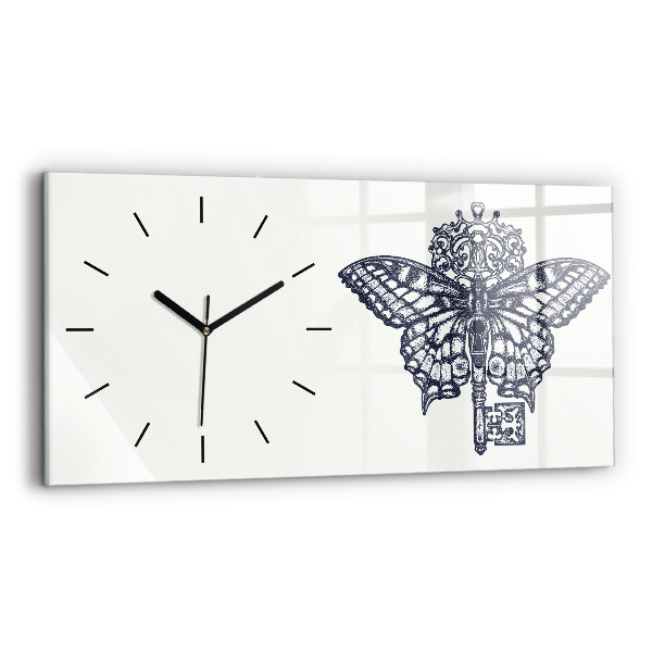 Glass wall clock rectangular Butterfly and key boho style