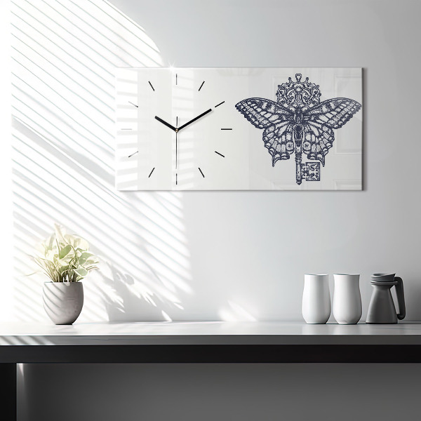 Glass wall clock rectangular Butterfly and key boho style