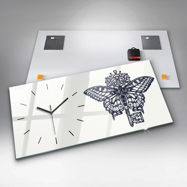 Glass wall clock rectangular Butterfly and key boho style