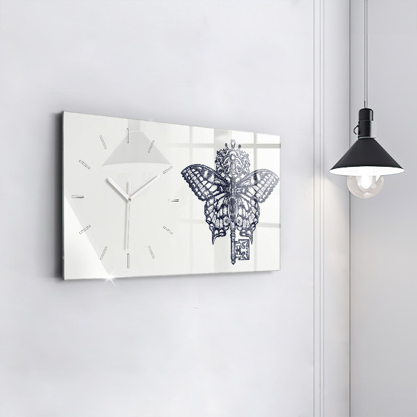 Glass wall clock rectangular Butterfly and key boho style
