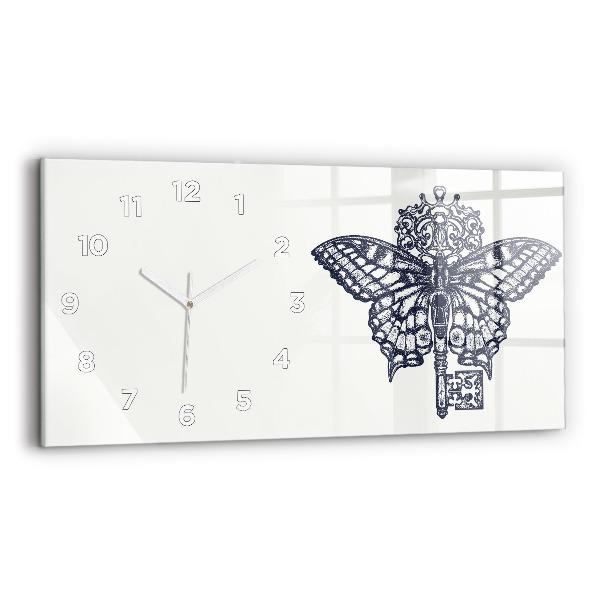 Glass wall clock rectangular Butterfly and key boho style