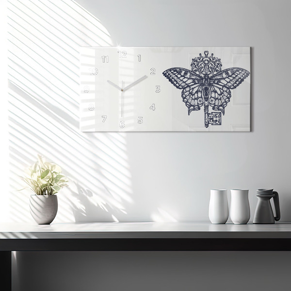 Glass wall clock rectangular Butterfly and key boho style