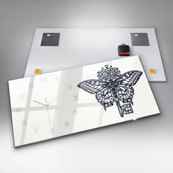 Glass wall clock rectangular Butterfly and key boho style
