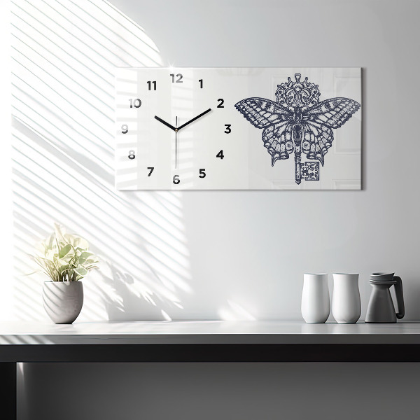 Glass wall clock rectangular Butterfly and key boho style
