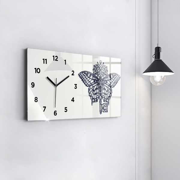 Glass wall clock rectangular Butterfly and key boho style