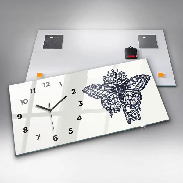 Glass wall clock rectangular Butterfly and key boho style