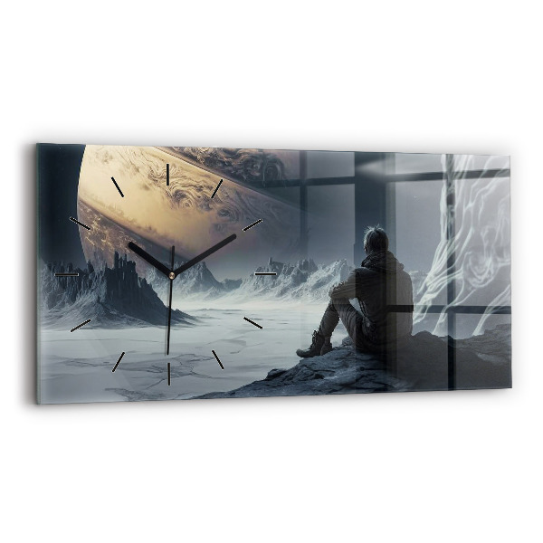 Glass wall clock rectangular Man Space Planet