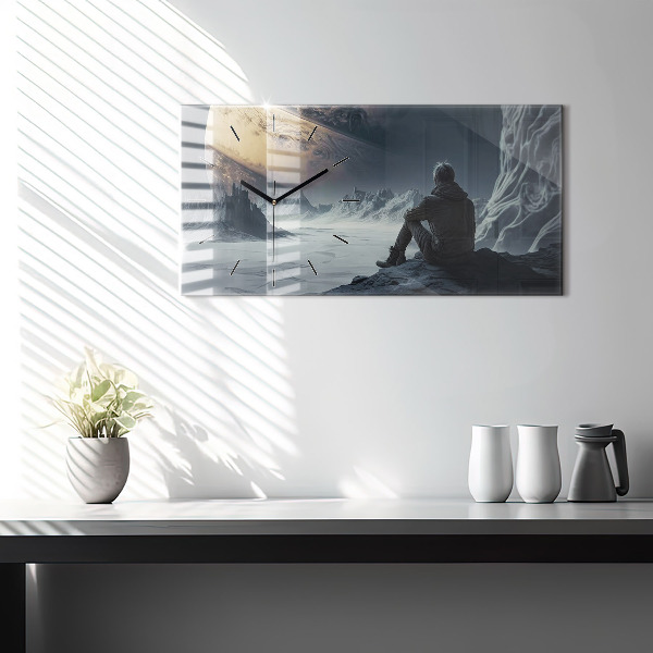 Glass wall clock rectangular Man Space Planet