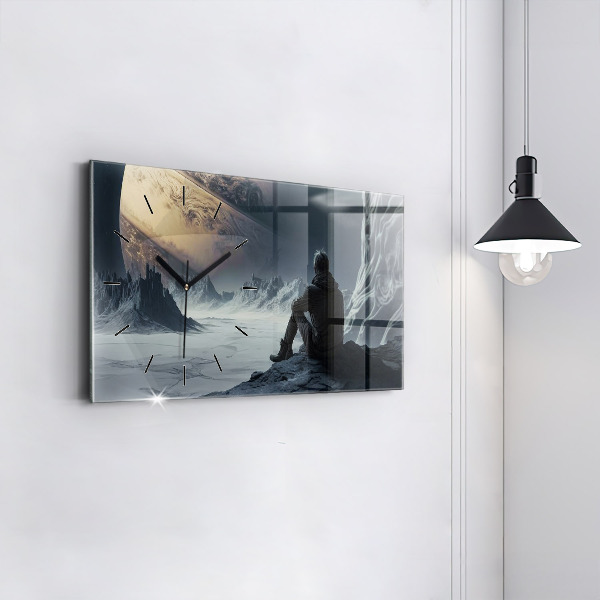 Glass wall clock rectangular Man Space Planet