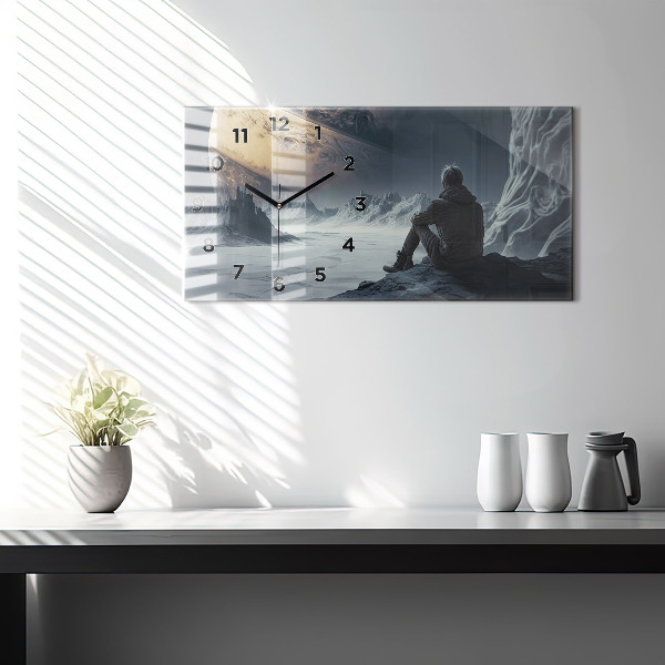 Glass wall clock rectangular Man Space Planet