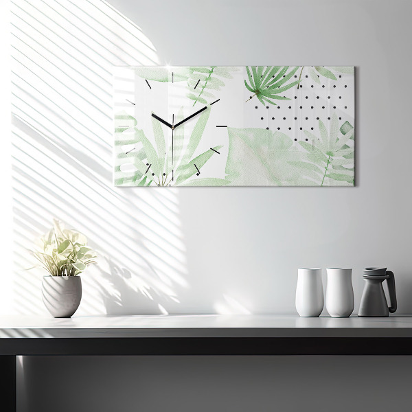 Glass wall clock rectangular Green leaves