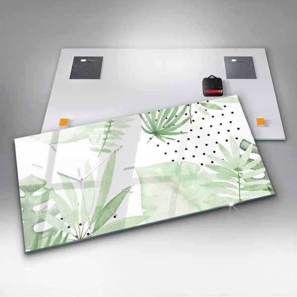 Glass wall clock rectangular Green leaves
