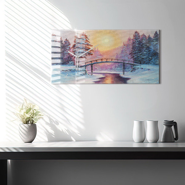 Glass wall clock rectangular Christmas tree and bridge