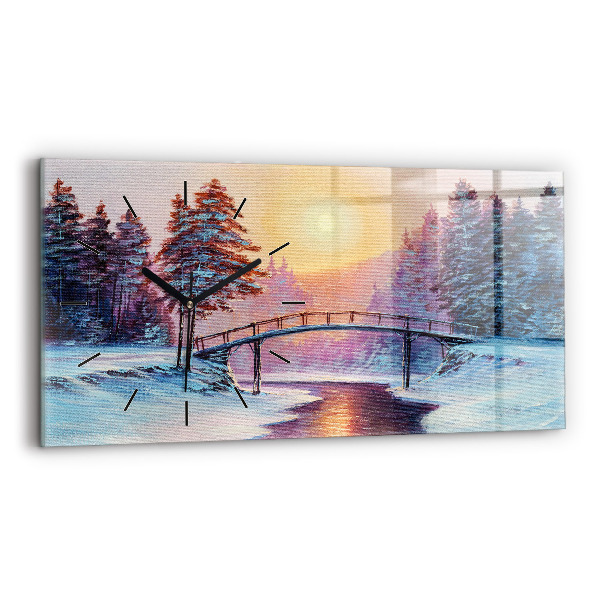 Glass wall clock rectangular Christmas tree and bridge