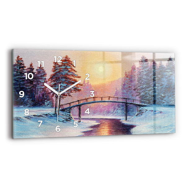 Glass wall clock rectangular Christmas tree and bridge