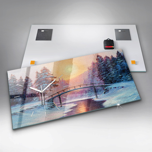 Glass wall clock rectangular Christmas tree and bridge