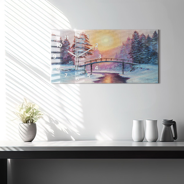 Glass wall clock rectangular Christmas tree and bridge