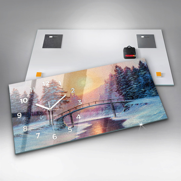 Glass wall clock rectangular Christmas tree and bridge