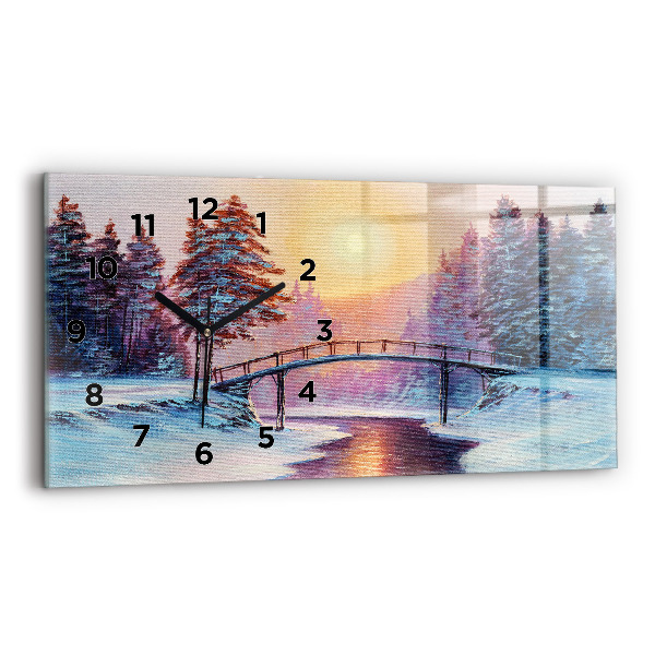 Glass wall clock rectangular Christmas tree and bridge
