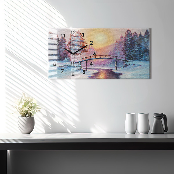 Glass wall clock rectangular Christmas tree and bridge