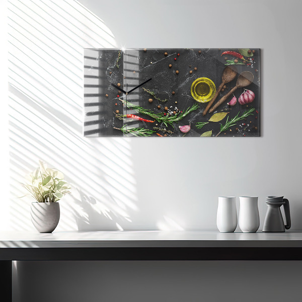 Glass wall clock rectangular Spices on the counter