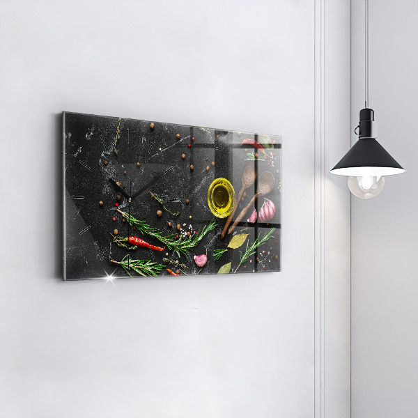 Glass wall clock rectangular Spices on the counter