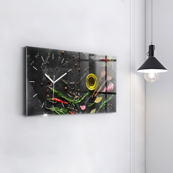 Glass wall clock rectangular Spices on the counter