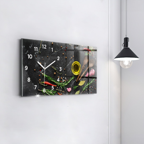 Glass wall clock rectangular Spices on the counter