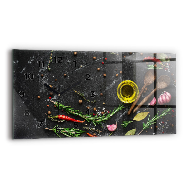 Glass wall clock rectangular Spices on the counter