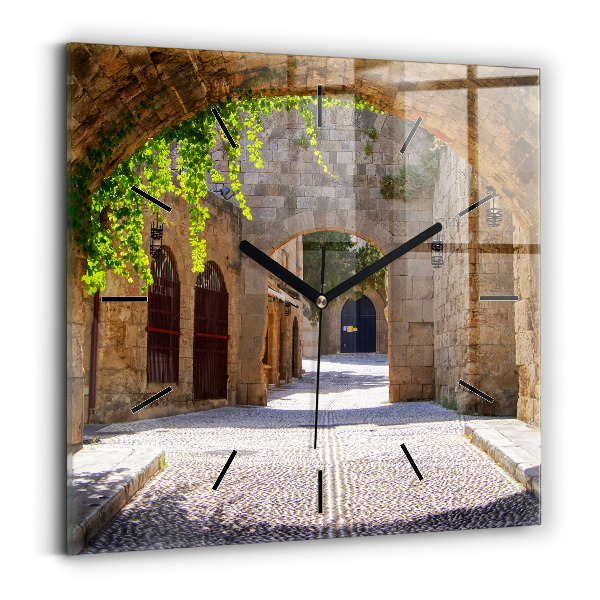 Square glass wall clock Picturesque street of Rhodes