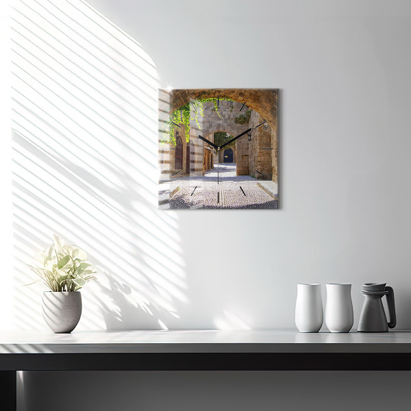 Square glass wall clock Picturesque street of Rhodes