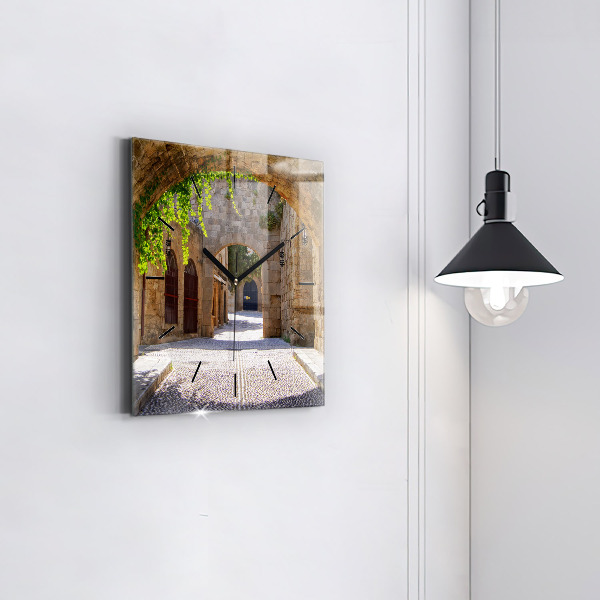 Square glass wall clock Picturesque street of Rhodes