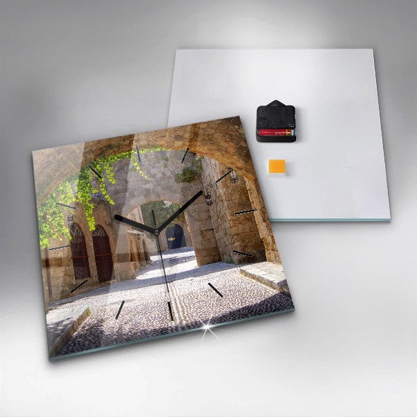 Square glass wall clock Picturesque street of Rhodes