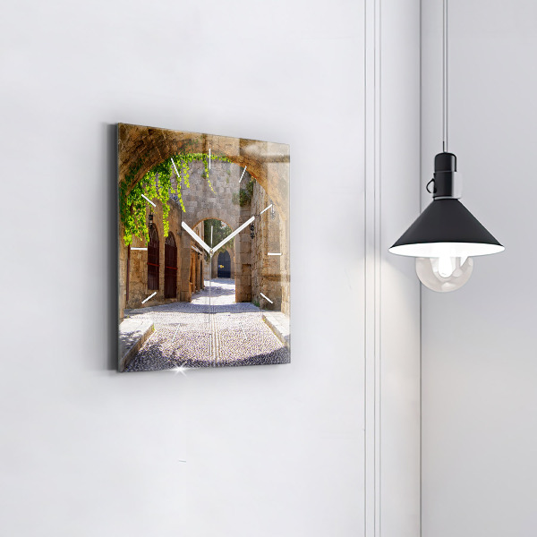 Square glass wall clock Picturesque street of Rhodes
