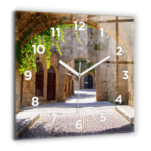 Square glass wall clock Picturesque street of Rhodes
