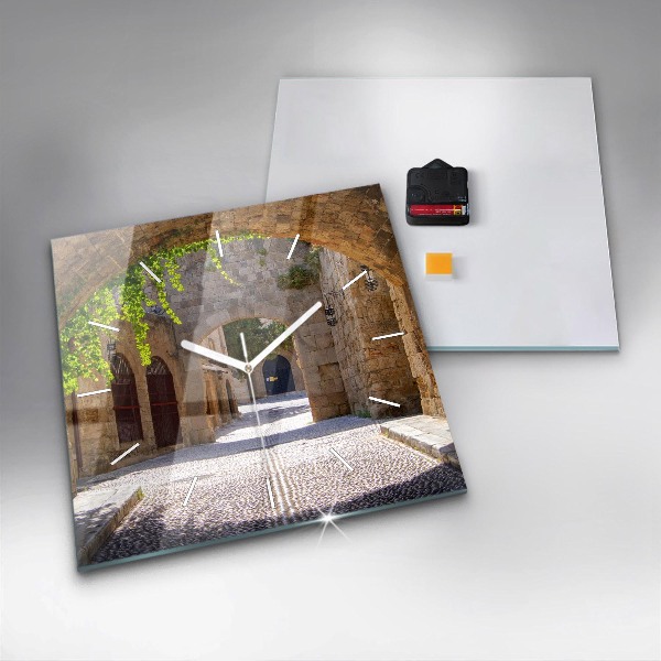 Square glass wall clock Picturesque street of Rhodes