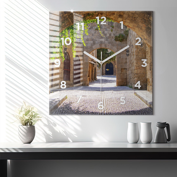 Square glass wall clock Picturesque street of Rhodes