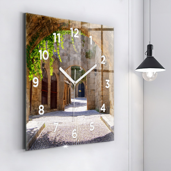 Square glass wall clock Picturesque street of Rhodes