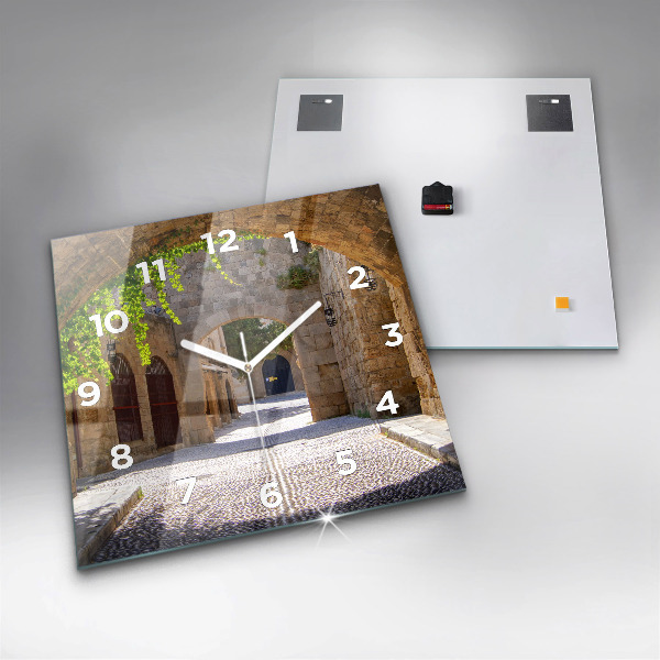 Square glass wall clock Picturesque street of Rhodes