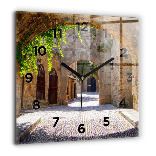 Square glass wall clock Picturesque street of Rhodes